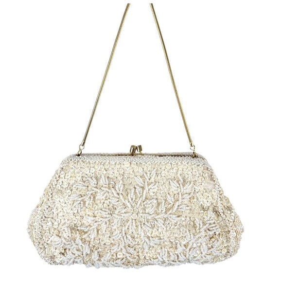 Vintage Handbags - Vintage Hand Cocktail Evening Bag Small Ivory Beaded Sequin Gold Chain Kiss Lock
